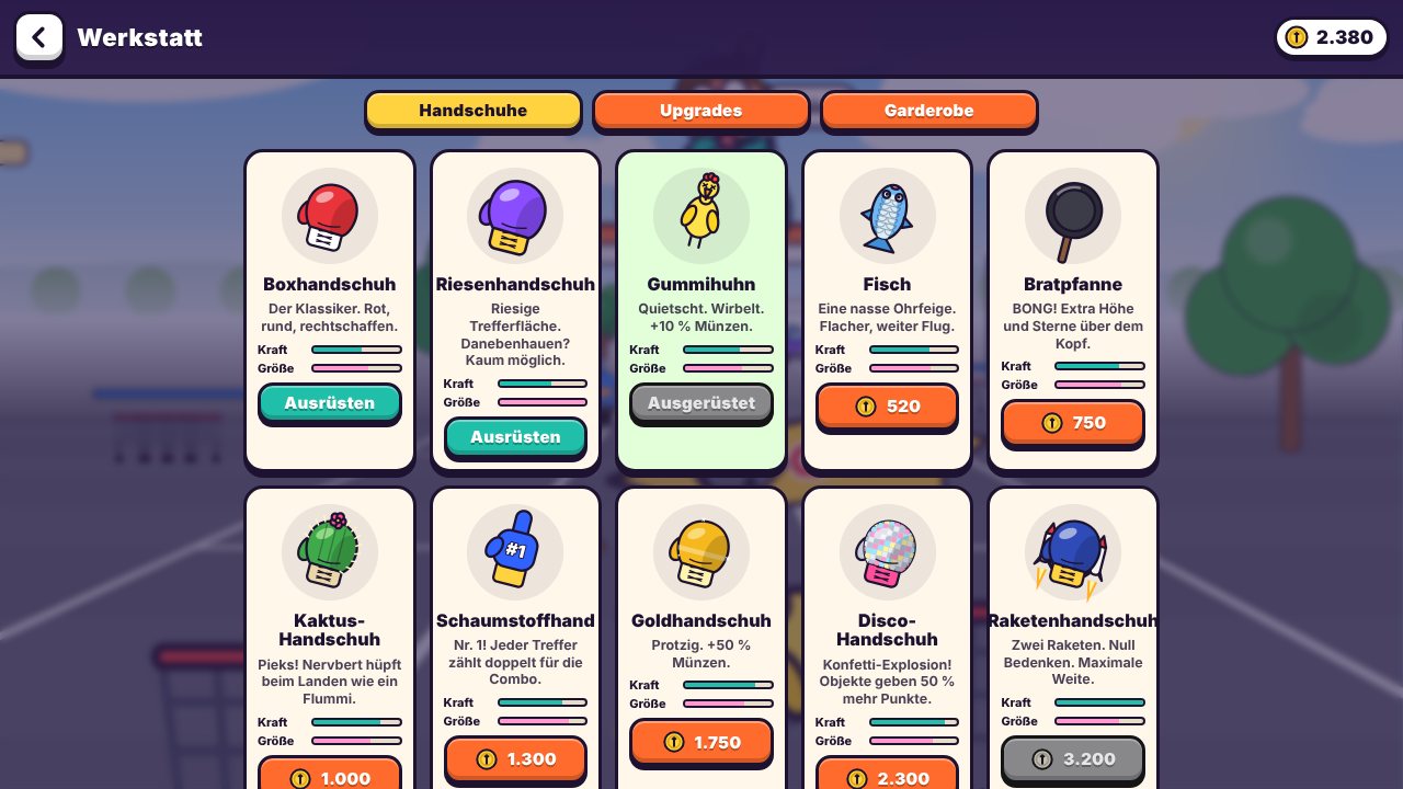 Screenshot aus Nervbert: Upgrades im Handschuh-Shop