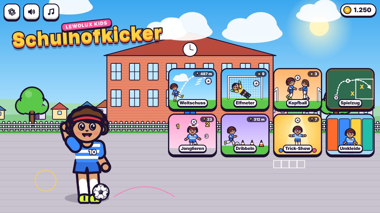 Screenshot aus Schulhofkicker: Der Schulhof mit allen Spielen