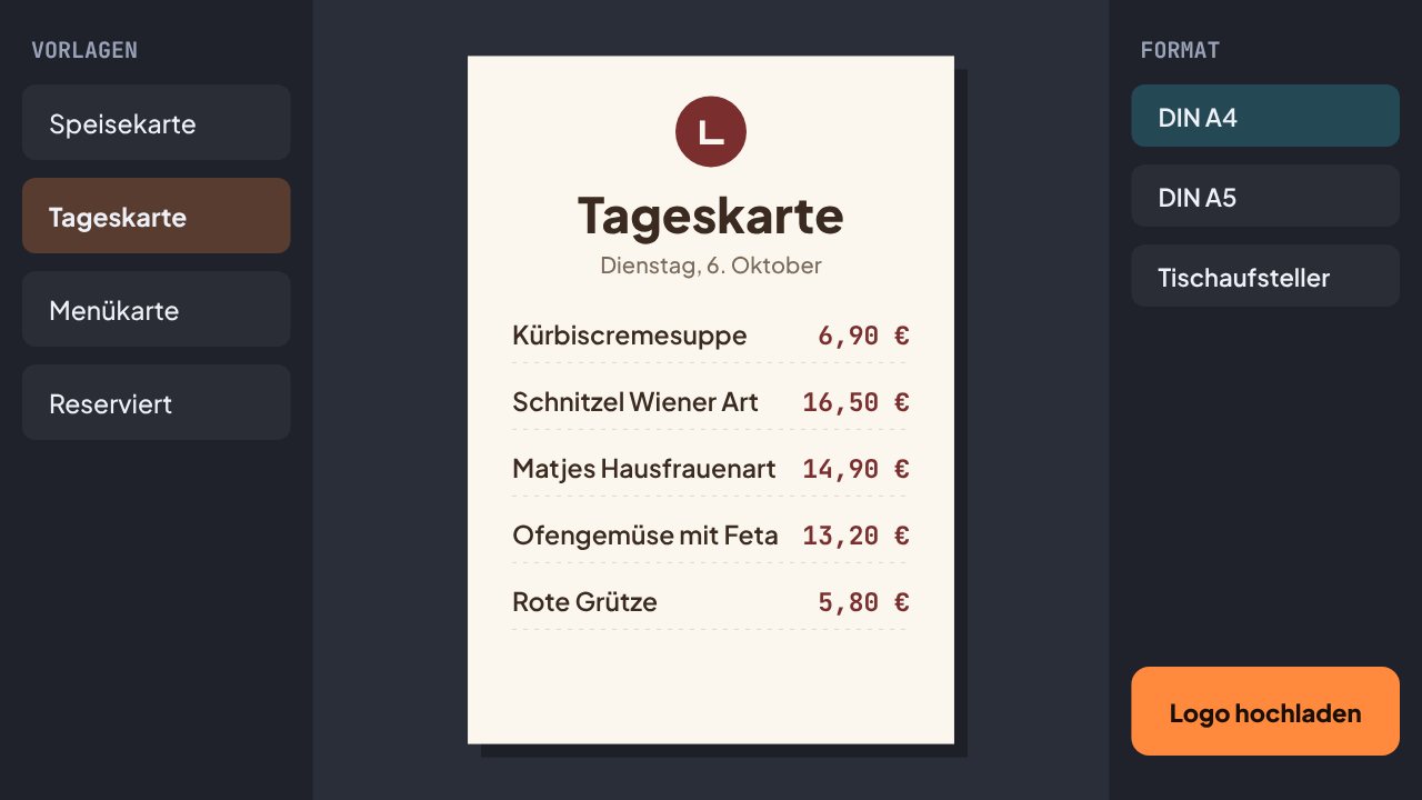 Oberfläche von Speisekarten-Konfigurator