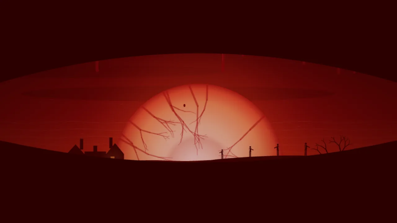 Szene aus House in the Desert: Silhouette eines Hauses vor einer riesigen roten Sonne